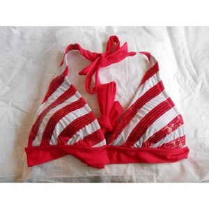 NEW Vanity sz Small Dark Pink/White Sequin Triangle Swim suit String Bikini top!